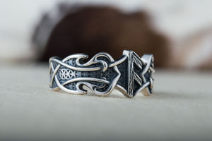 Ring with Ansuz Rune and Norse Ornament Sterling Silver Viking Jewelry - vikingworkshop