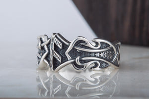 Ring with Ansuz Rune and Norse Ornament Sterling Silver Viking Jewelry - vikingworkshop