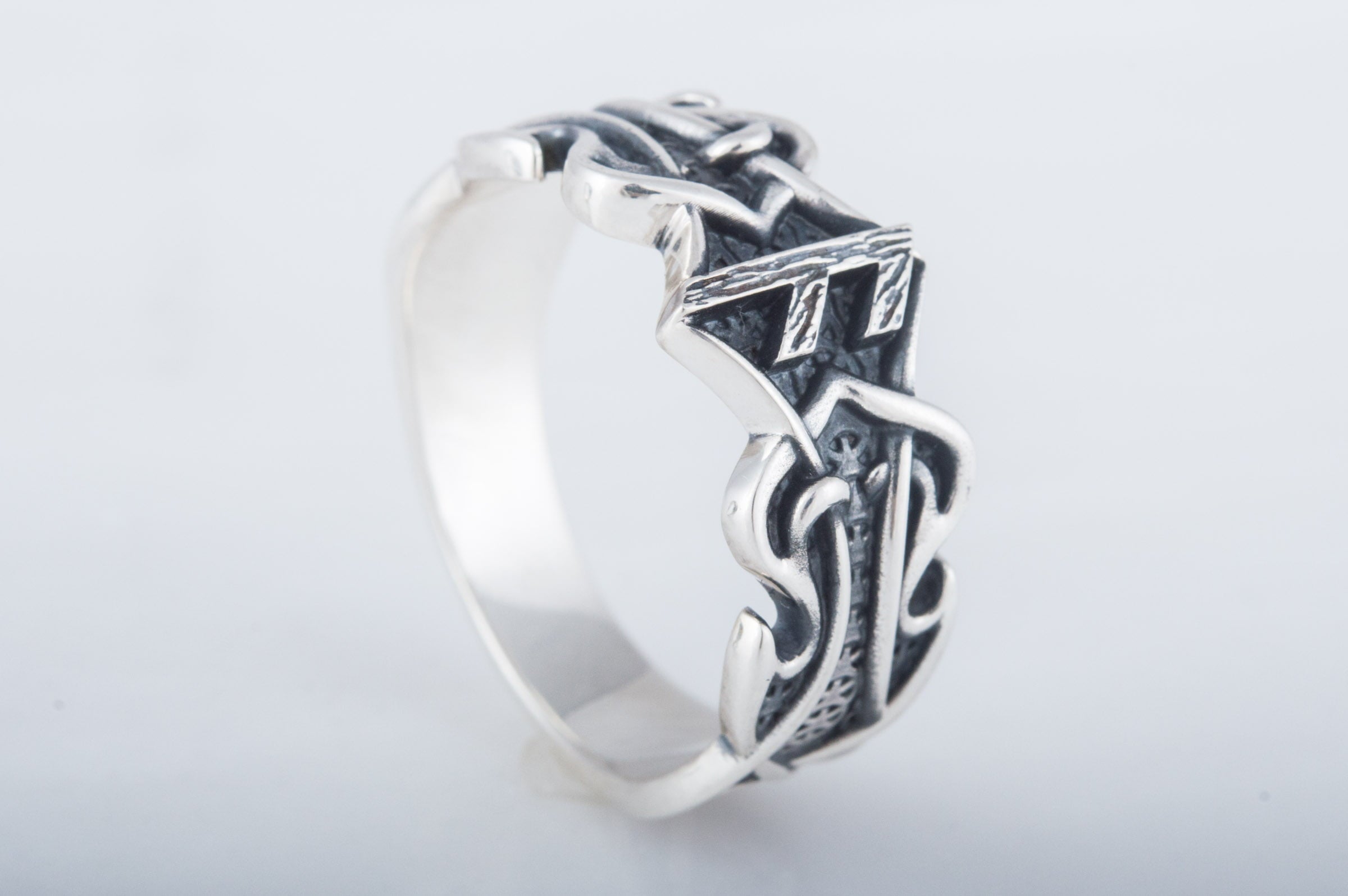 Ring with Ansuz Rune and Norse Ornament Sterling Silver Viking Jewelry - vikingworkshop