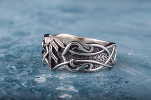 Ring with Ansuz Rune and Norse Ornament Sterling Silver Viking Jewelry - vikingworkshop