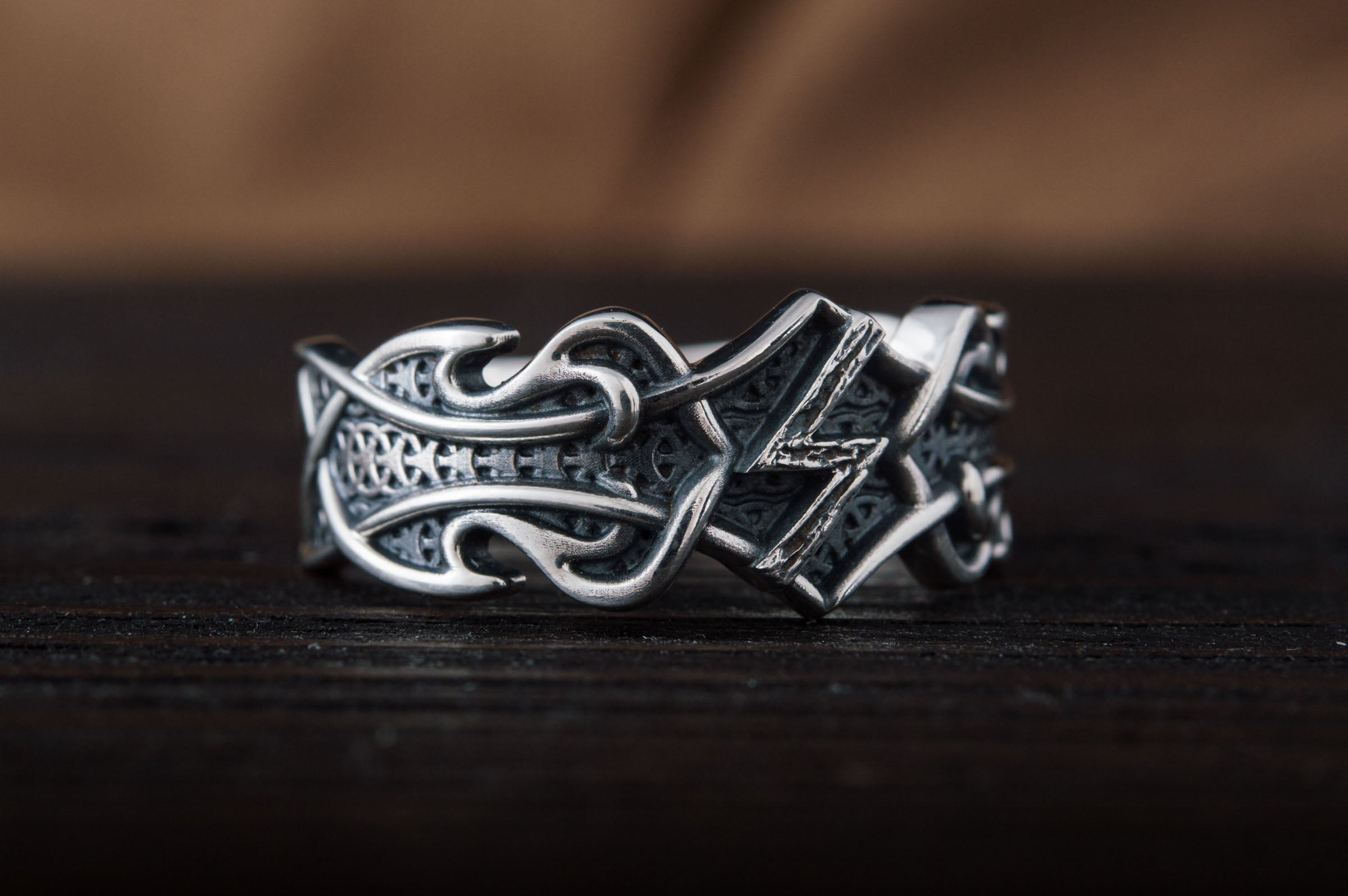 Ring with Sowelu Rune and Norse Ornament Sterling Silver Viking Jewelry - vikingworkshop