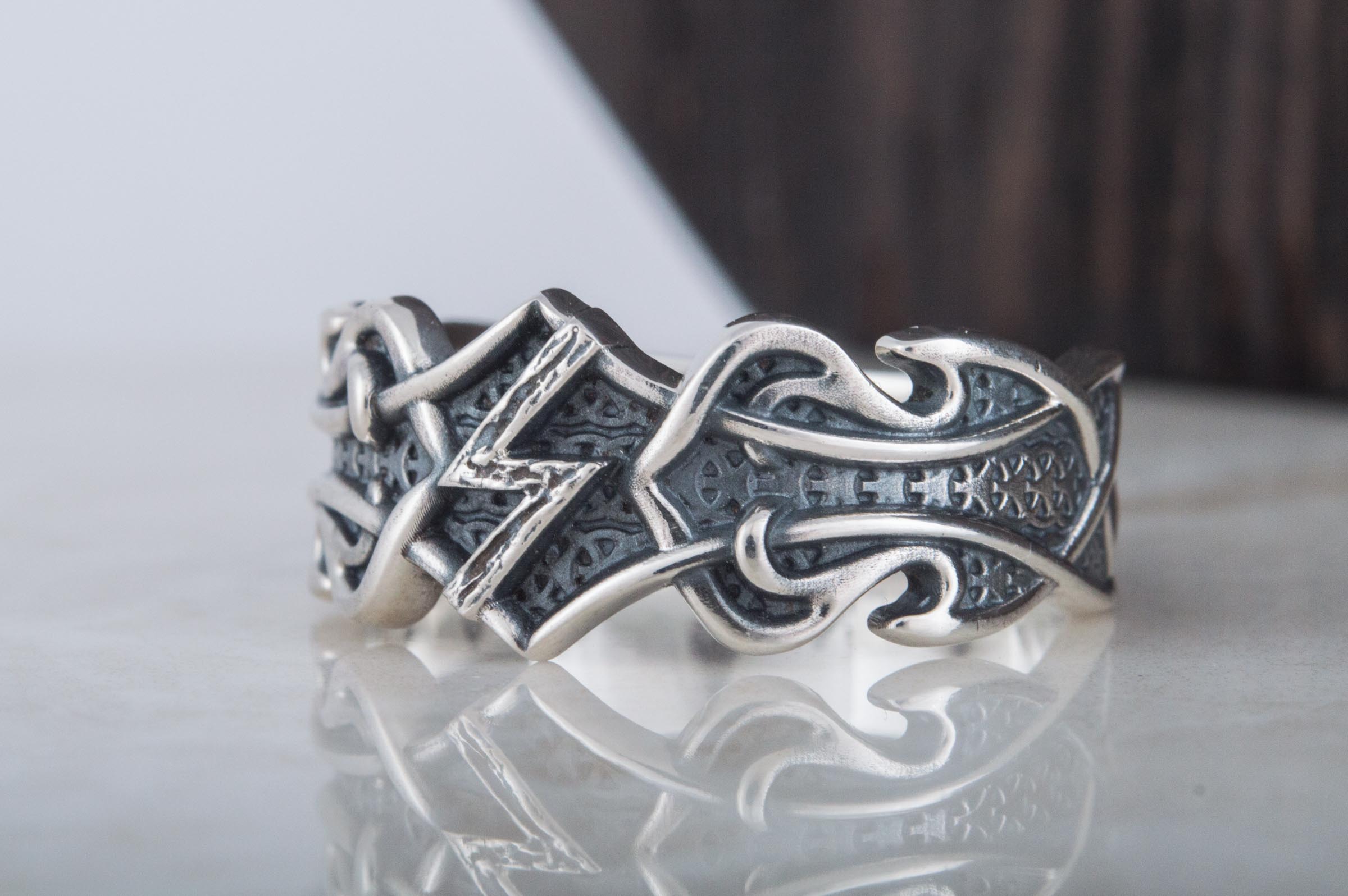 Ring with Sowelu Rune and Norse Ornament Sterling Silver Viking Jewelry - vikingworkshop