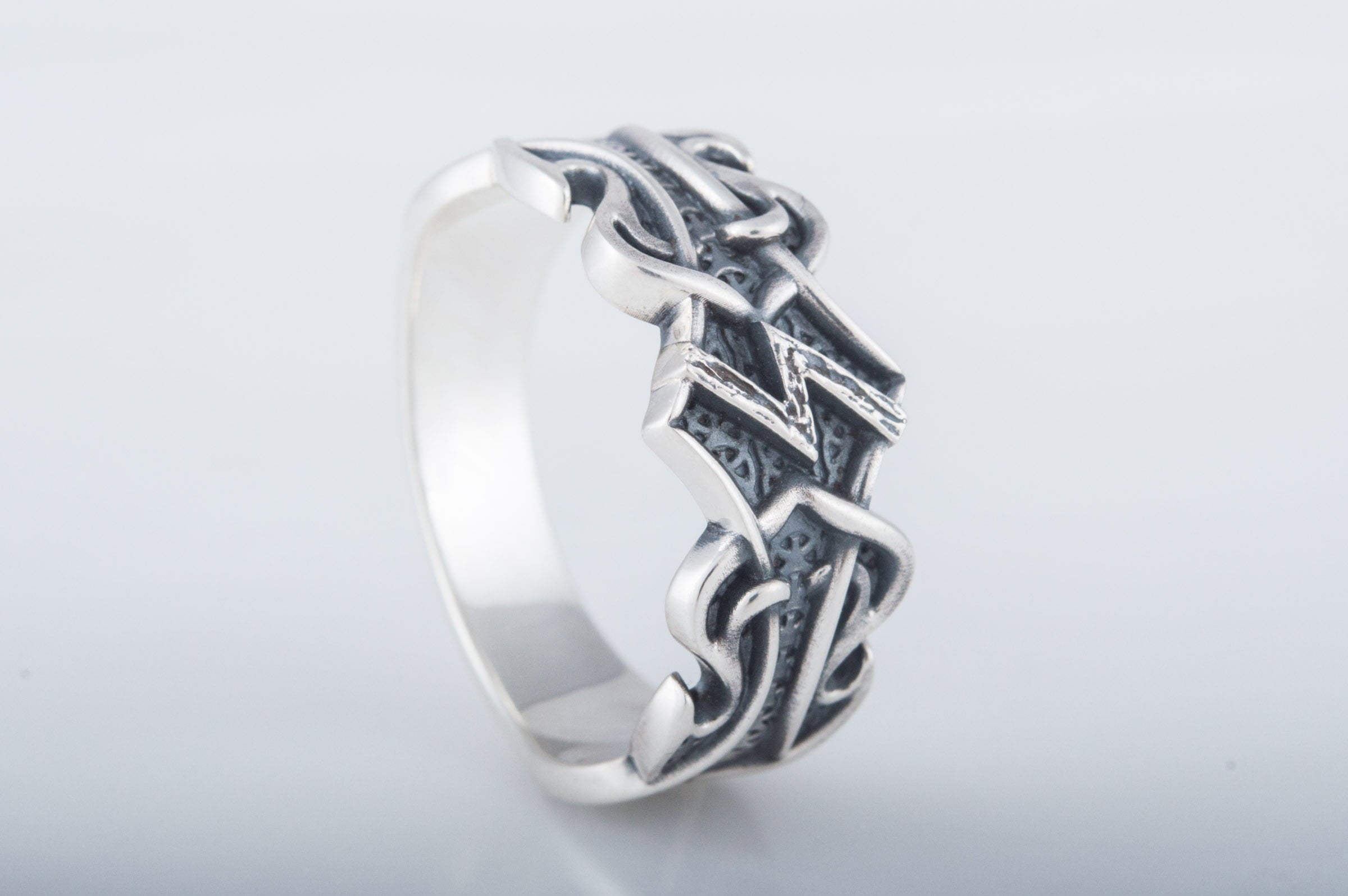 Ring with Sowelu Rune and Norse Ornament Sterling Silver Viking Jewelry - vikingworkshop