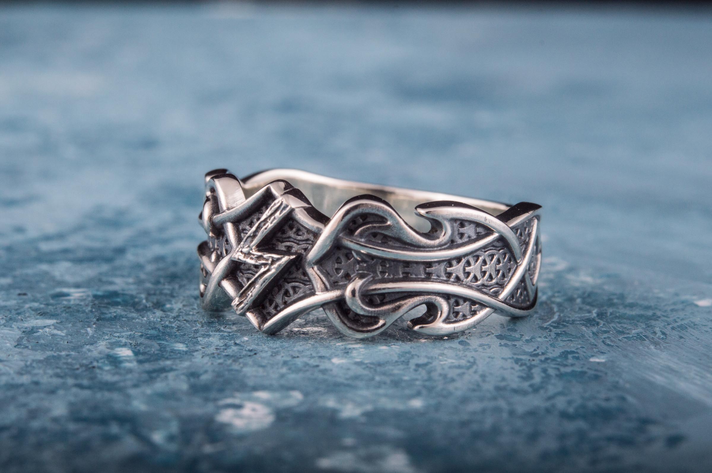 Ring with Sowelu Rune and Norse Ornament Sterling Silver Viking Jewelry - vikingworkshop