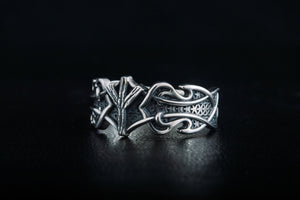 Ring with Algiz Rune and Norse Ornament Sterling Silver Viking Jewelry - vikingworkshop