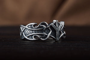 Ring with Algiz Rune and Norse Ornament Sterling Silver Viking Jewelry - vikingworkshop