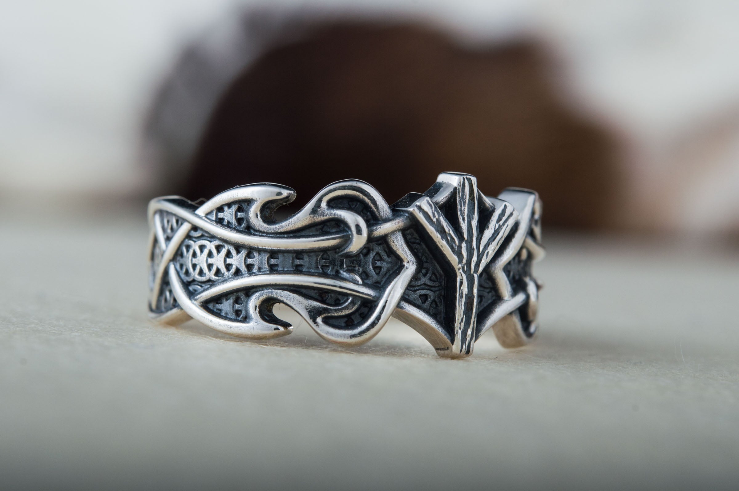 Ring with Algiz Rune and Norse Ornament Sterling Silver Viking Jewelry - vikingworkshop