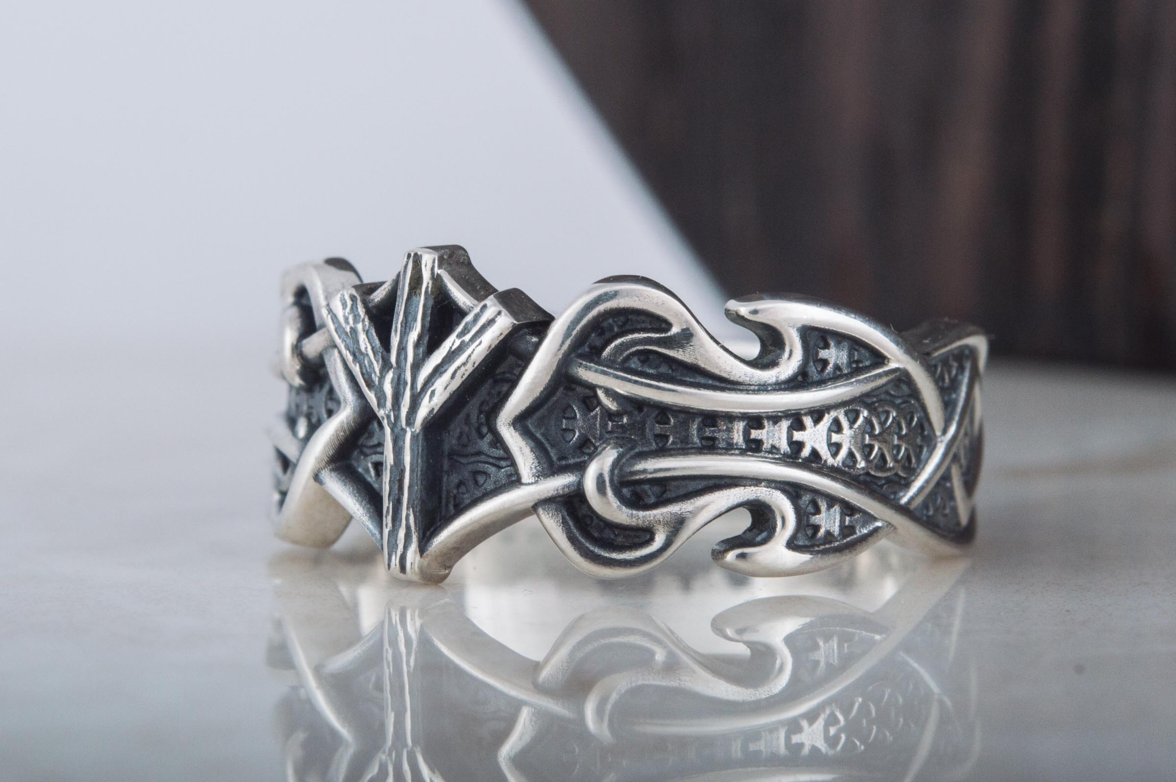 Ring with Algiz Rune and Norse Ornament Sterling Silver Viking Jewelry - vikingworkshop