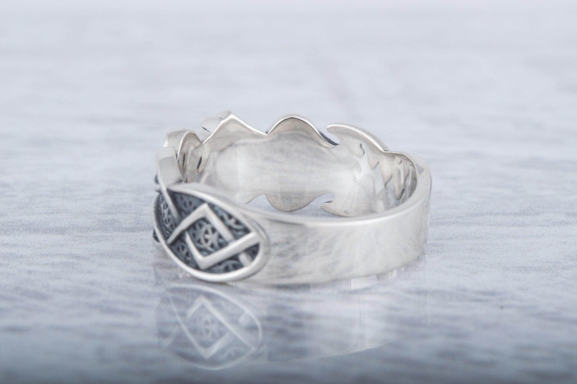 Ring with Algiz Rune and Norse Ornament Sterling Silver Viking Jewelry - vikingworkshop