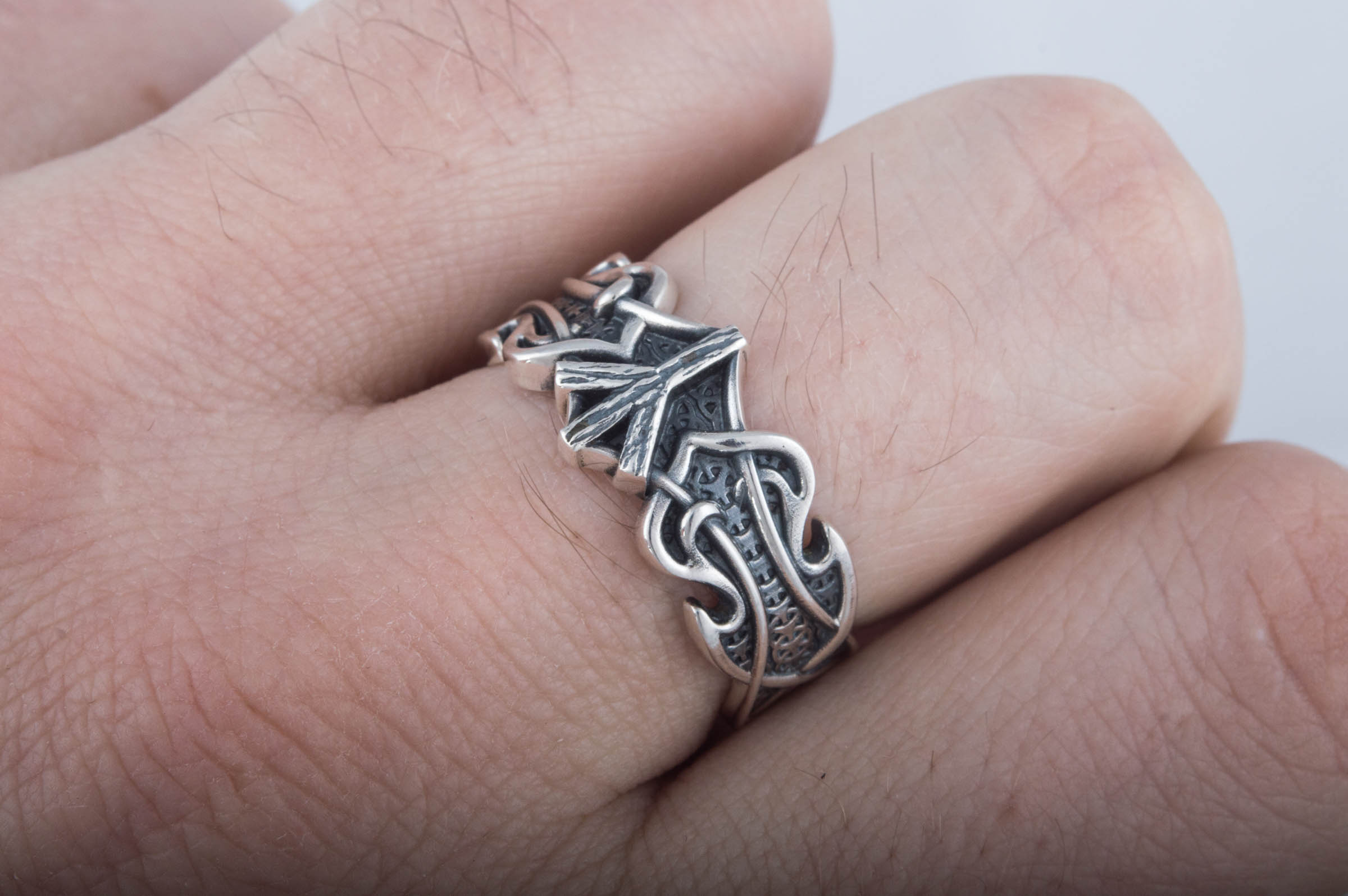 Ring with Algiz Rune and Norse Ornament Sterling Silver Viking Jewelry - vikingworkshop