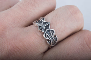 Ring with Algiz Rune and Norse Ornament Sterling Silver Viking Jewelry - vikingworkshop