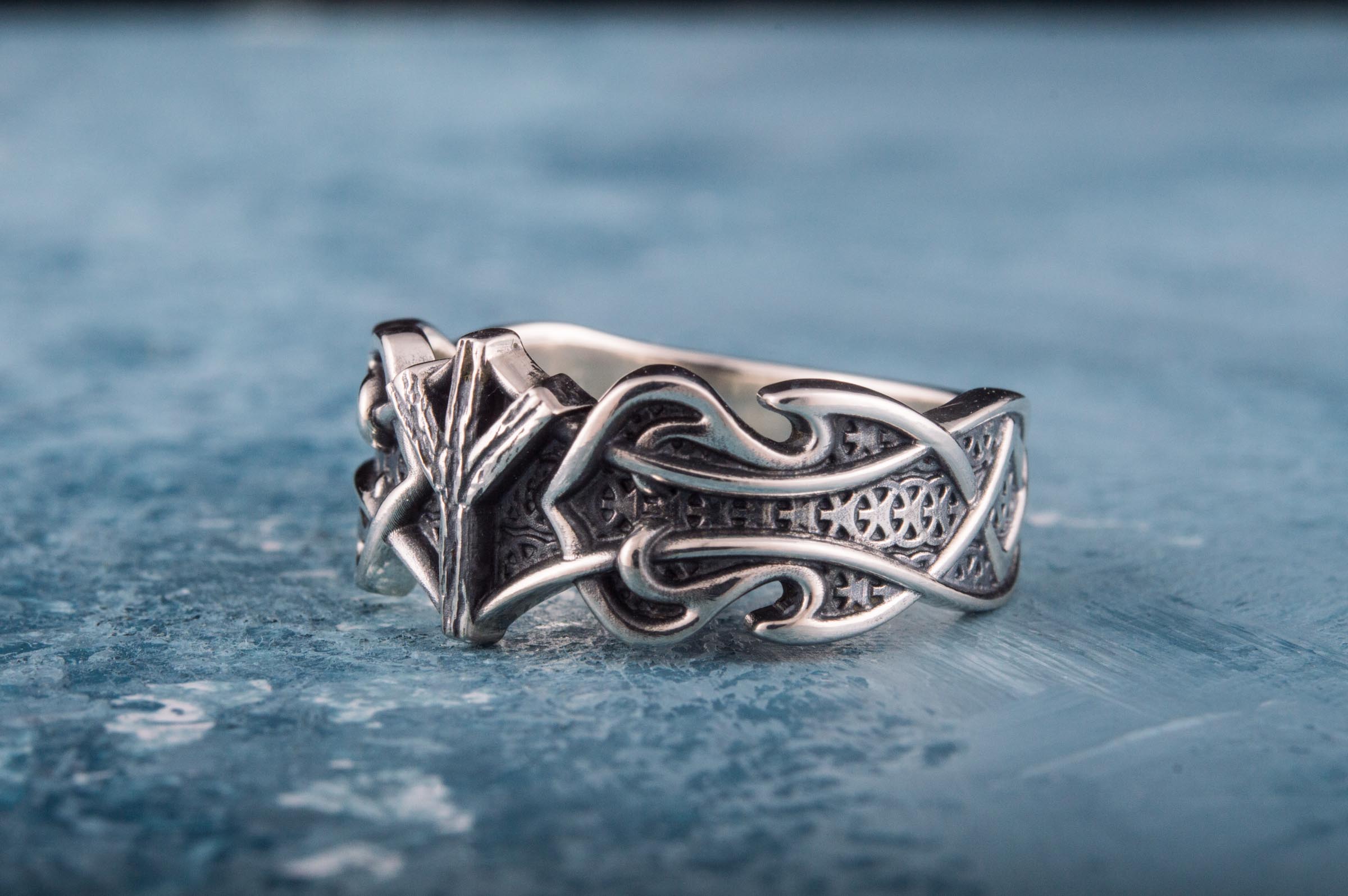 Ring with Algiz Rune and Norse Ornament Sterling Silver Viking Jewelry - vikingworkshop