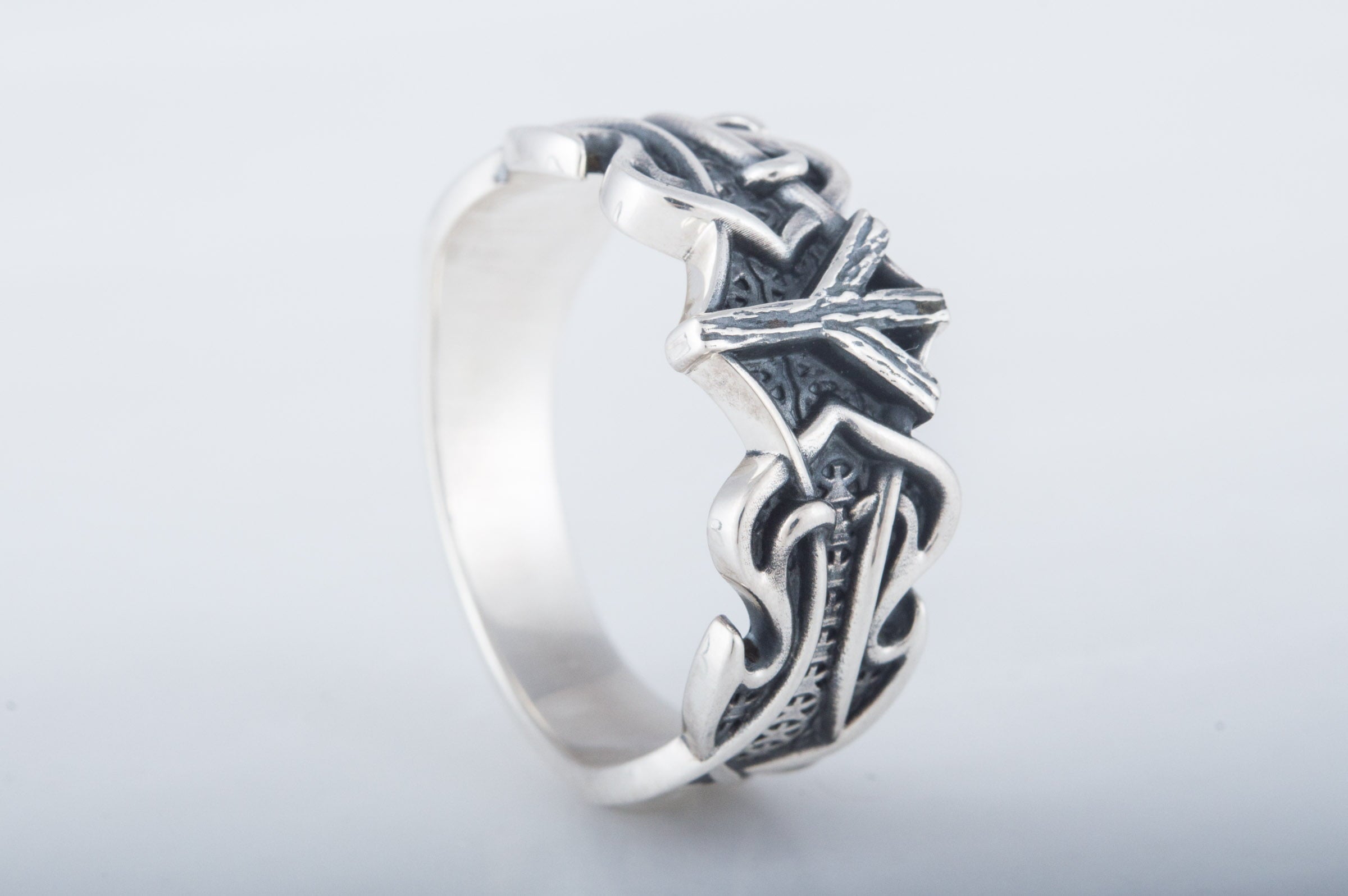 Ring with Algiz Rune and Norse Ornament Sterling Silver Viking Jewelry - vikingworkshop