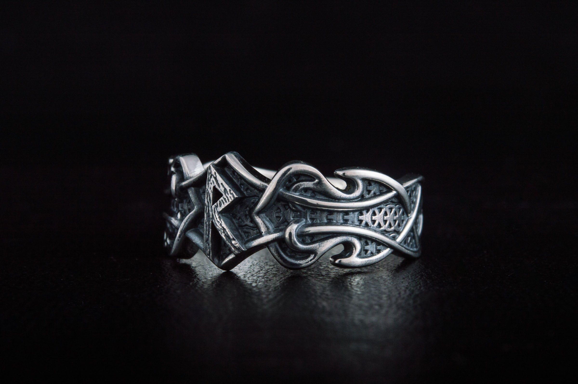 Ring with Raido Rune and Norse Ornament Sterling Silver Viking Jewelry - vikingworkshop