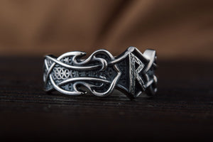 Ring with Raido Rune and Norse Ornament Sterling Silver Viking Jewelry - vikingworkshop