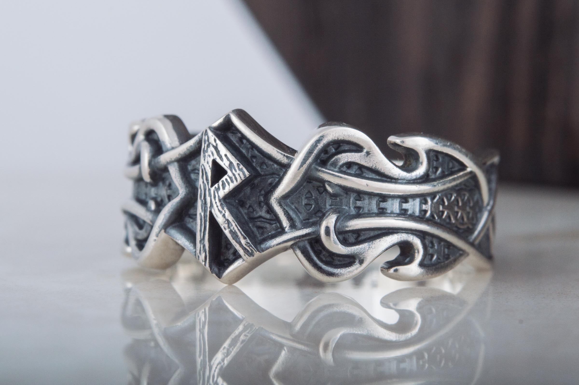 Ring with Raido Rune and Norse Ornament Sterling Silver Viking Jewelry - vikingworkshop