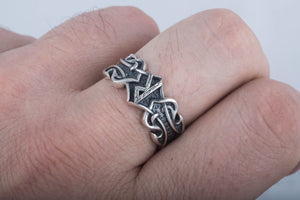 Ring with Raido Rune and Norse Ornament Sterling Silver Viking Jewelry - vikingworkshop