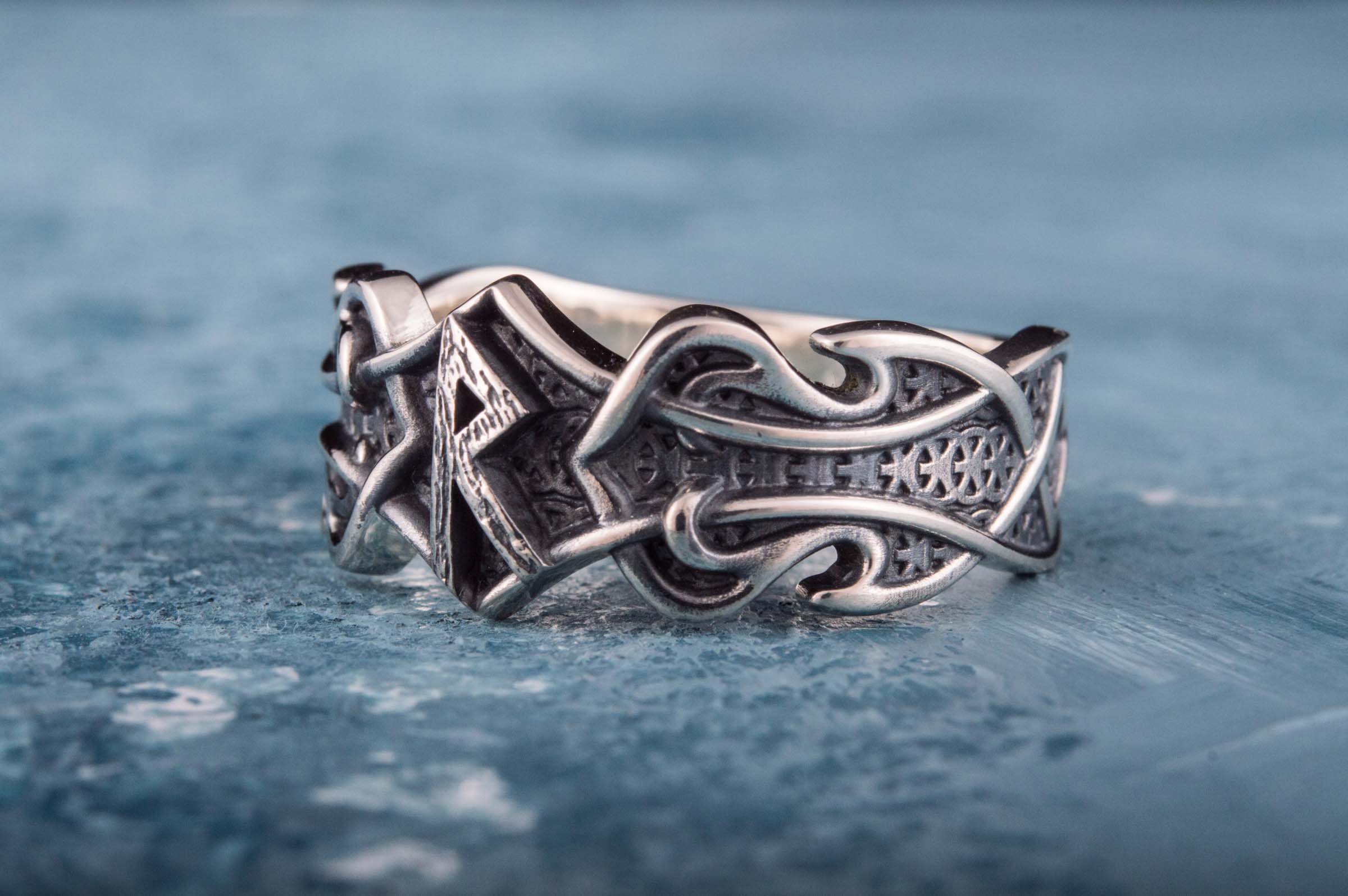 Ring with Raido Rune and Norse Ornament Sterling Silver Viking Jewelry - vikingworkshop