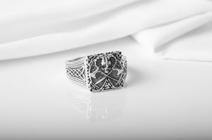 Unique Ring with Skull of Warrior, Axes, Valknut and celtic knots, 925 silver handmade Jewelry - vikingworkshop