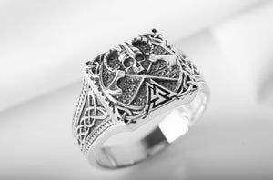 Unique Ring with Skull of Warrior, Axes, Valknut and celtic knots, 925 silver handmade Jewelry - vikingworkshop