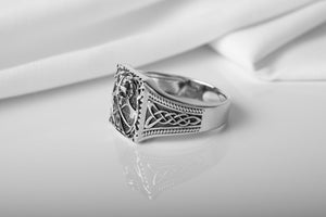 Unique Ring with Skull of Warrior, Axes, Valknut and celtic knots, 925 silver handmade Jewelry - vikingworkshop