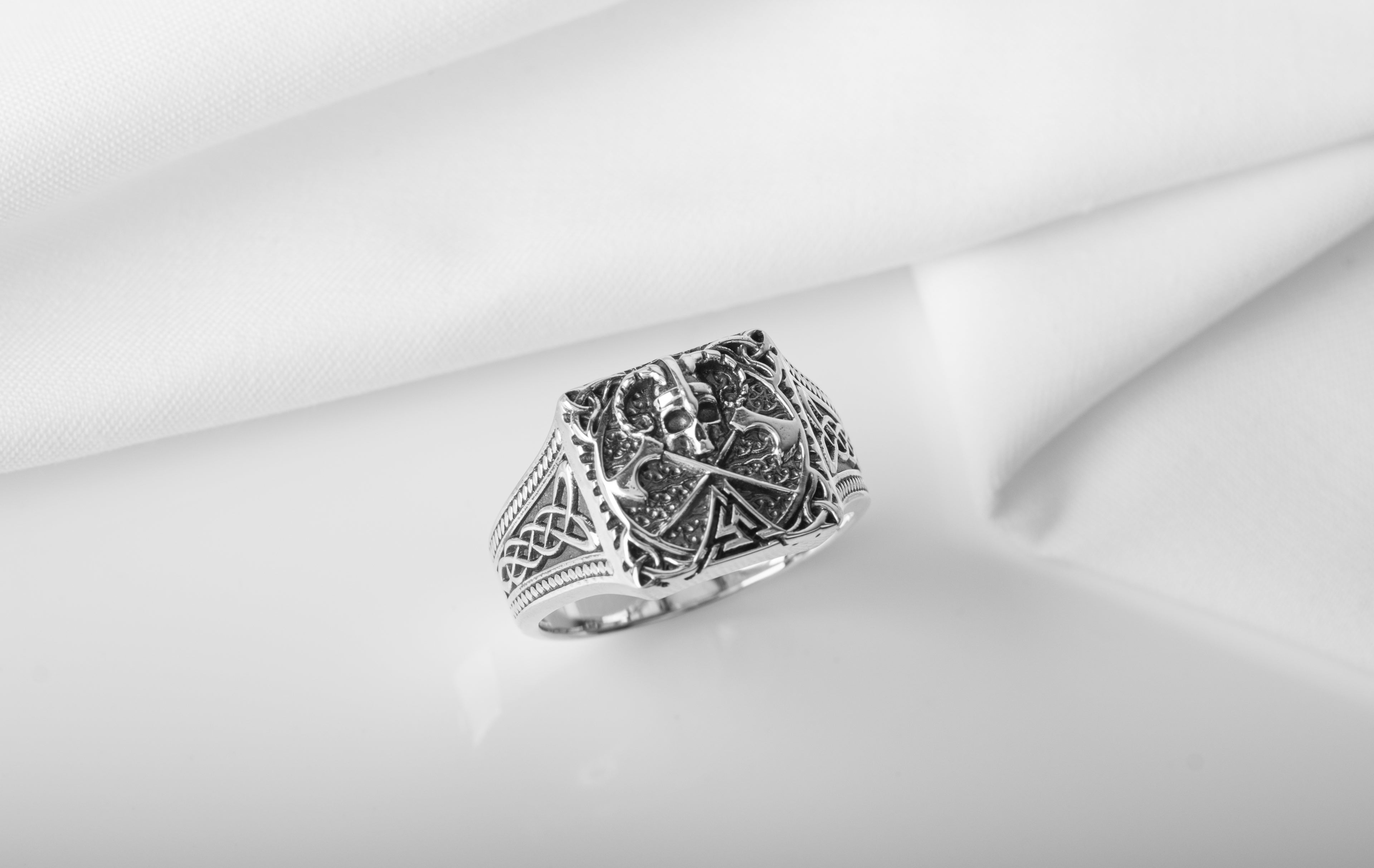 Unique Ring with Skull of Warrior, Axes, Valknut and celtic knots, 925 silver handmade Jewelry - vikingworkshop