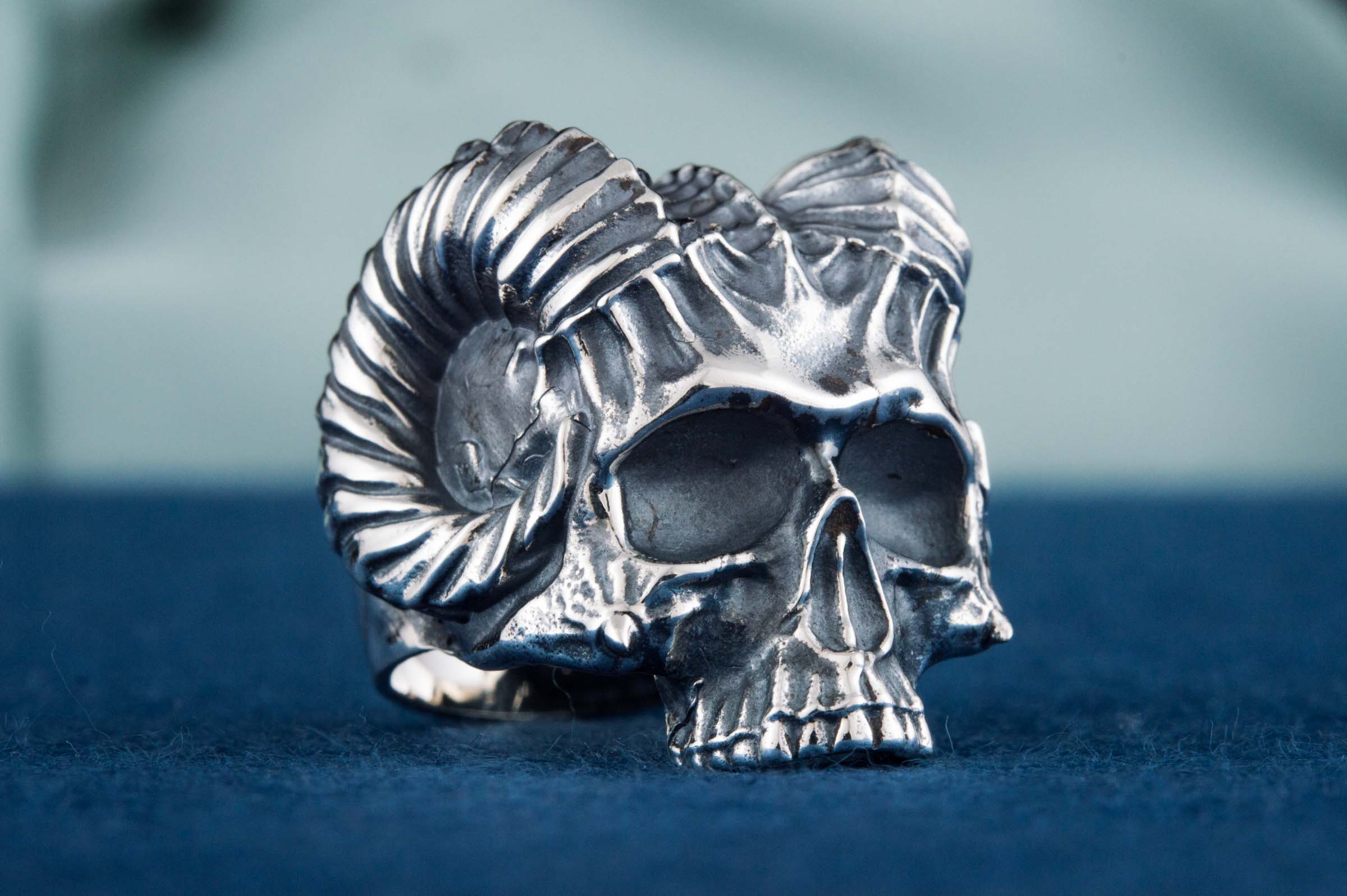 Skull with Horns Ring Sterling Silver Handmade Biker Jewelry