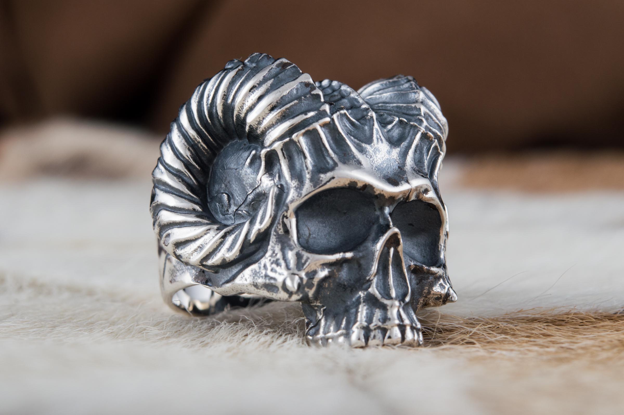 Skull with Horns Ring Sterling Silver Handmade Biker Jewelry - vikingworkshop