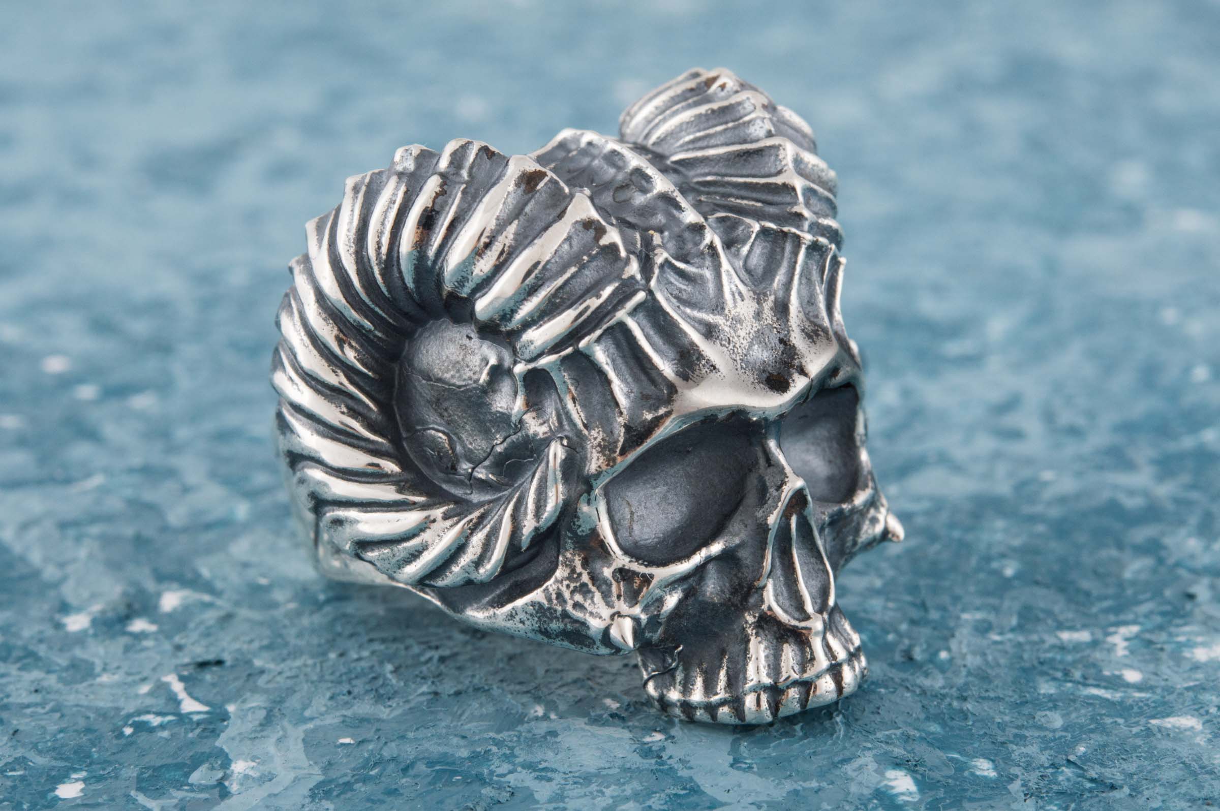 Skull with Horns Ring Sterling Silver Handmade Biker Jewelry - vikingworkshop