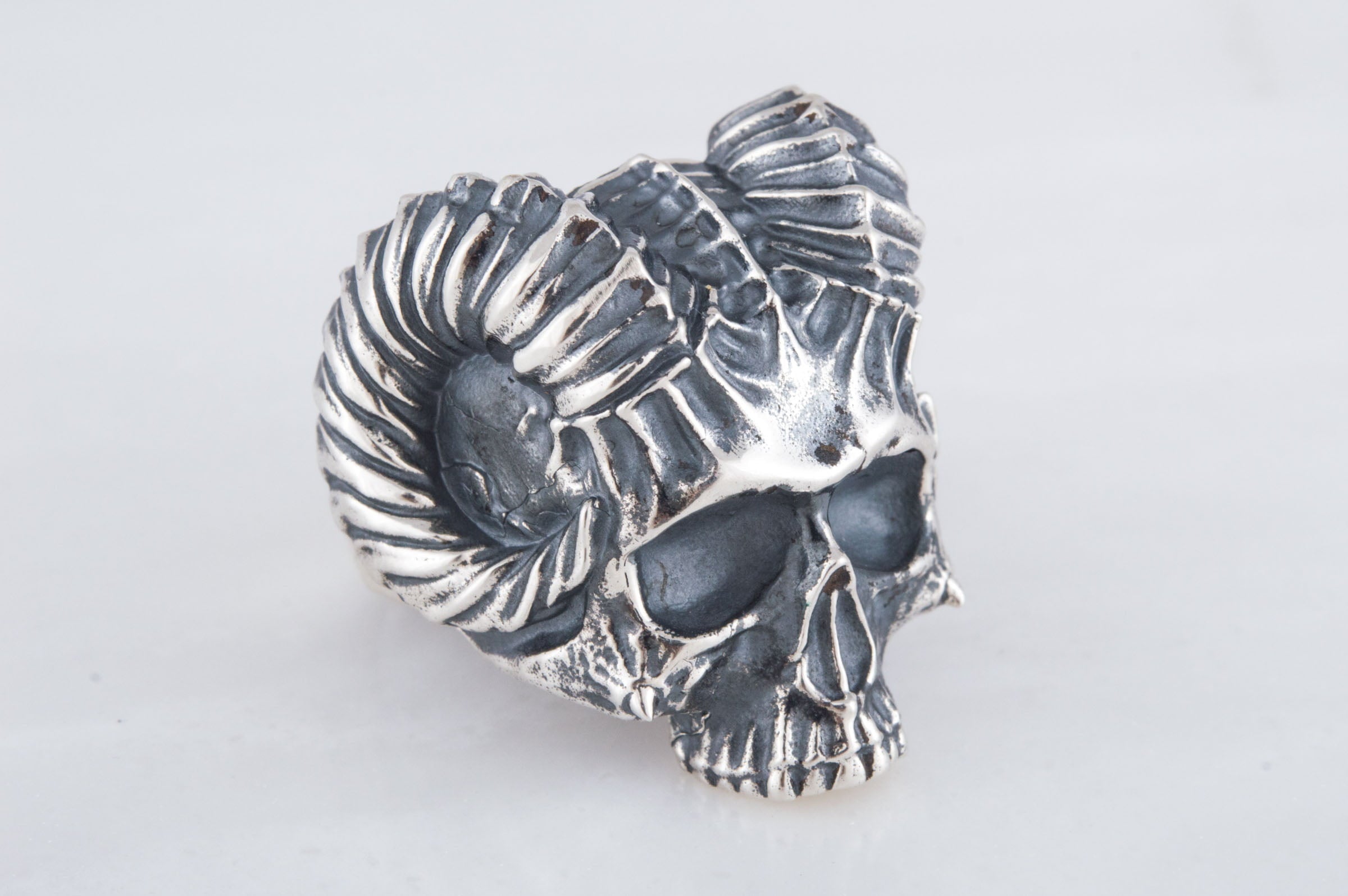 Skull with Horns Ring Sterling Silver Handmade Biker Jewelry - vikingworkshop