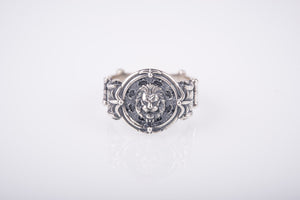 925 Silver Ring with Lion and Leaves, Unique handcrafted jewelry - vikingworkshop