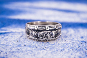 Unique 925 silver ring with Snake, Black Sun and Runes, Handcrafted Jewelry - vikingworkshop