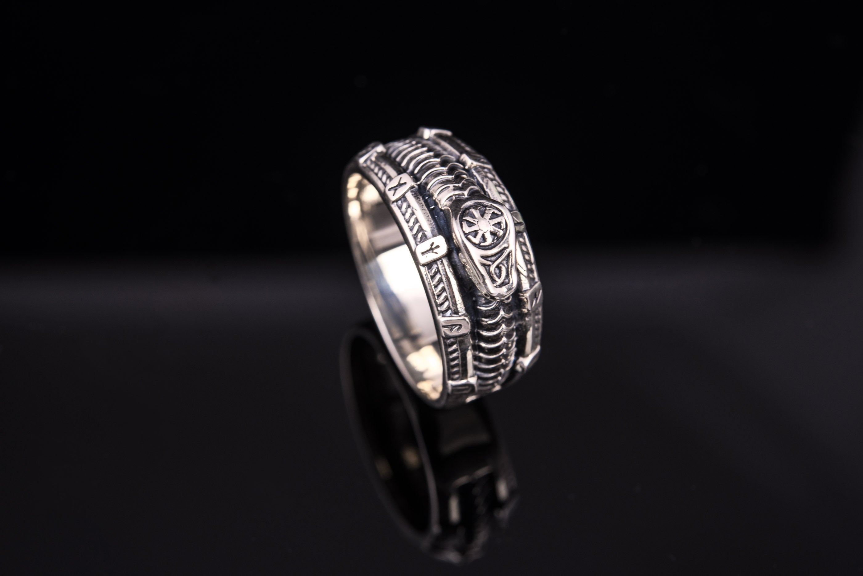 Unique 925 silver ring with Snake, Black Sun and Runes, Handcrafted Jewelry - vikingworkshop