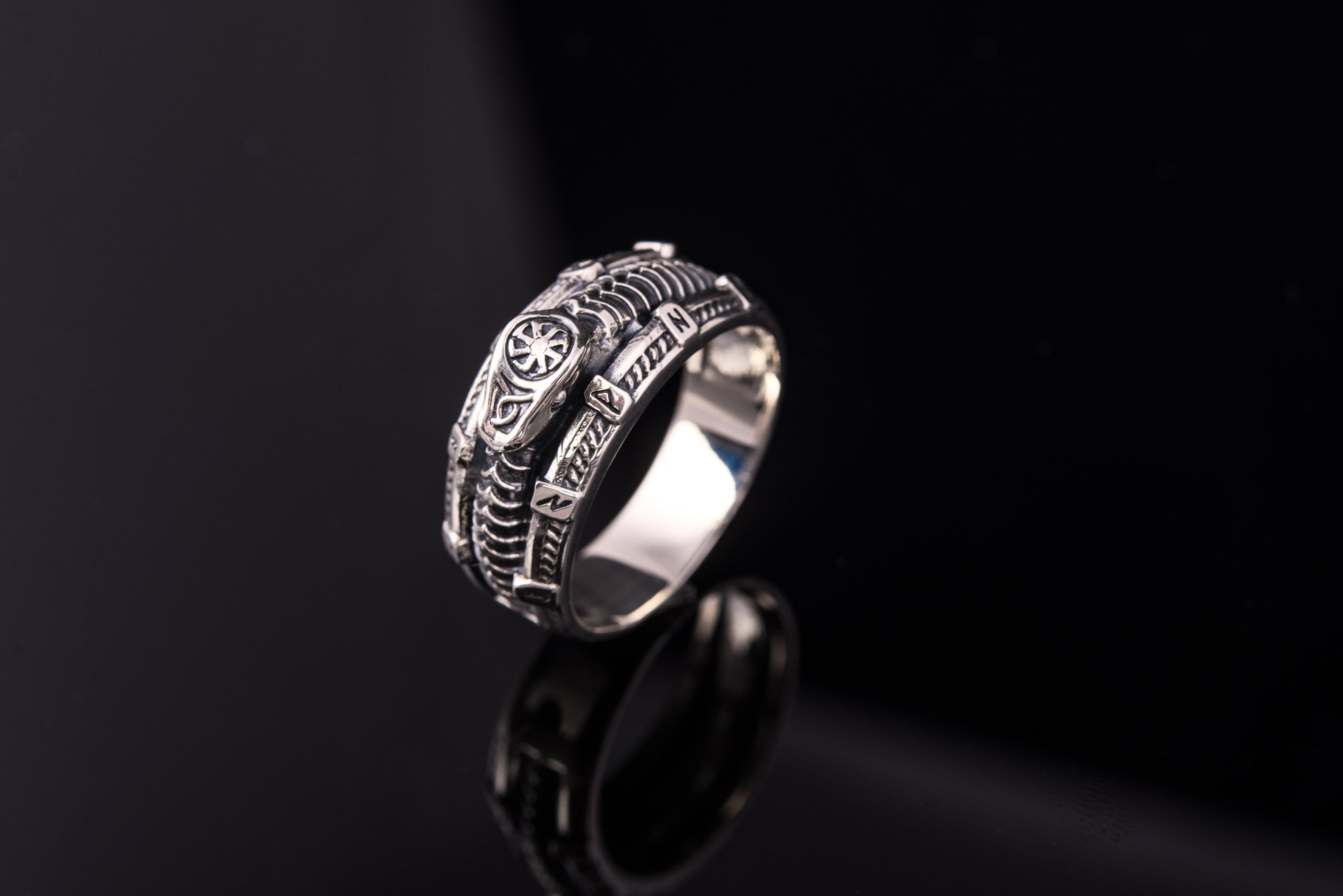 Unique 925 silver ring with Snake, Black Sun and Runes, Handcrafted Jewelry - vikingworkshop