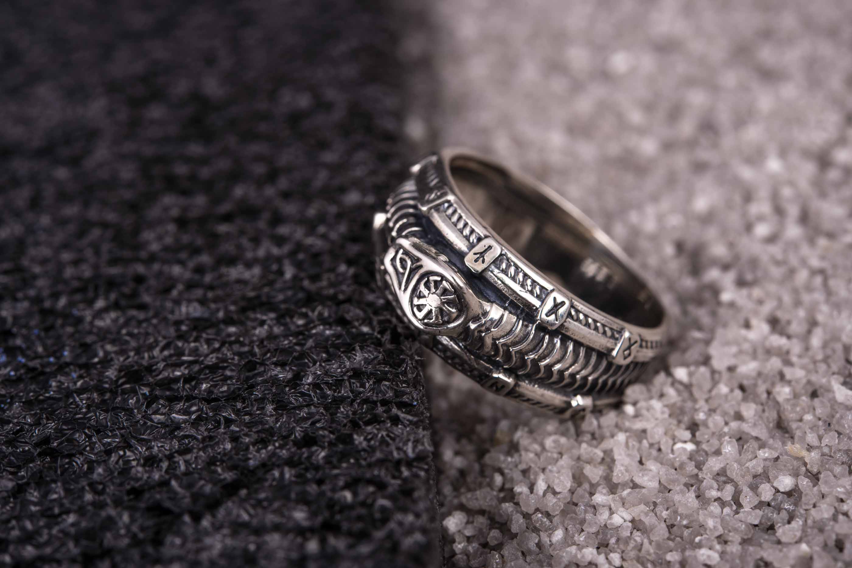 Unique 925 silver ring with Snake, Black Sun and Runes, Handcrafted Jewelry - vikingworkshop