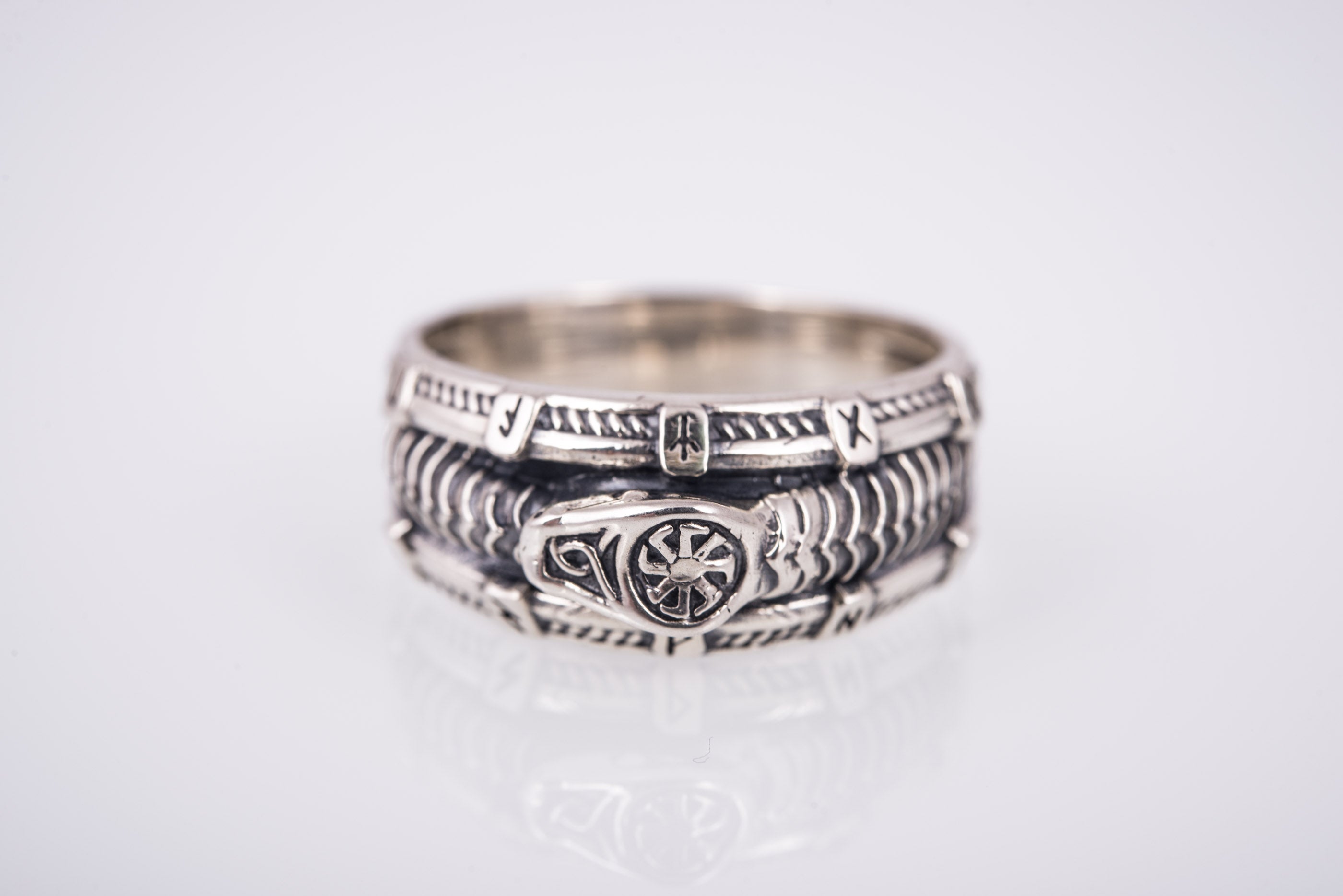 Unique 925 silver ring with Snake, Black Sun and Runes, Handcrafted Jewelry - vikingworkshop