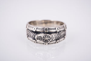 Unique 925 silver ring with Snake, Black Sun and Runes, Handcrafted Jewelry - vikingworkshop