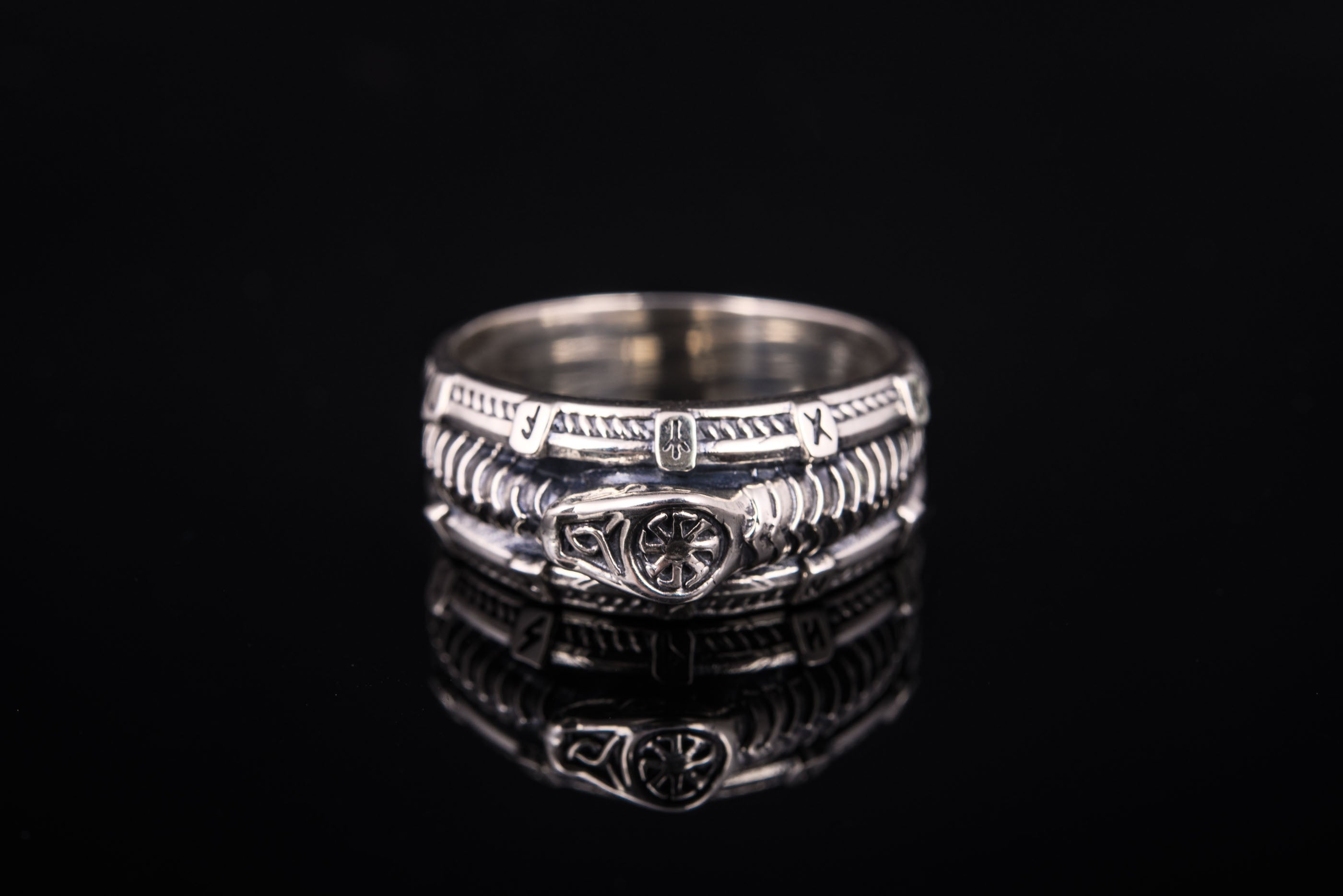 Unique 925 silver ring with Snake, Black Sun and Runes, Handcrafted Jewelry - vikingworkshop