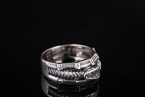 Unique 925 silver ring with Snake, Black Sun and Runes, Handcrafted Jewelry - vikingworkshop