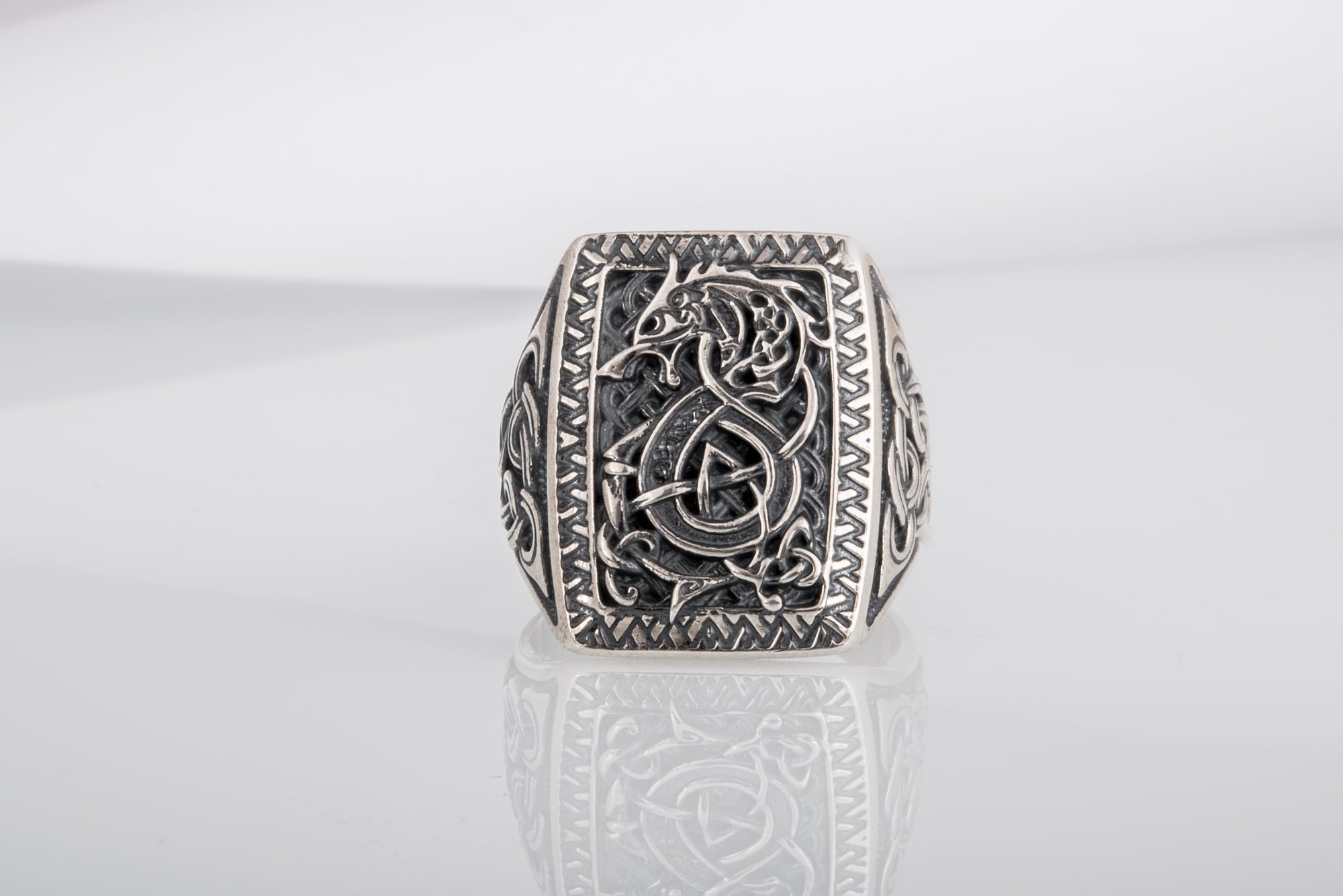 Unique Viking Ornament Ring with Fenrir, Mythological Norse wolf, made of Silver 925, Scandinavian Jewelry - vikingworkshop