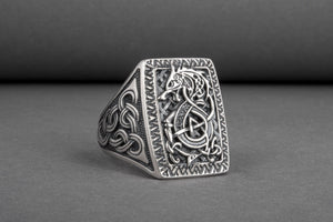 Unique Viking Ornament Ring with Fenrir, Mythological Norse wolf, made of Silver 925, Scandinavian Jewelry - vikingworkshop