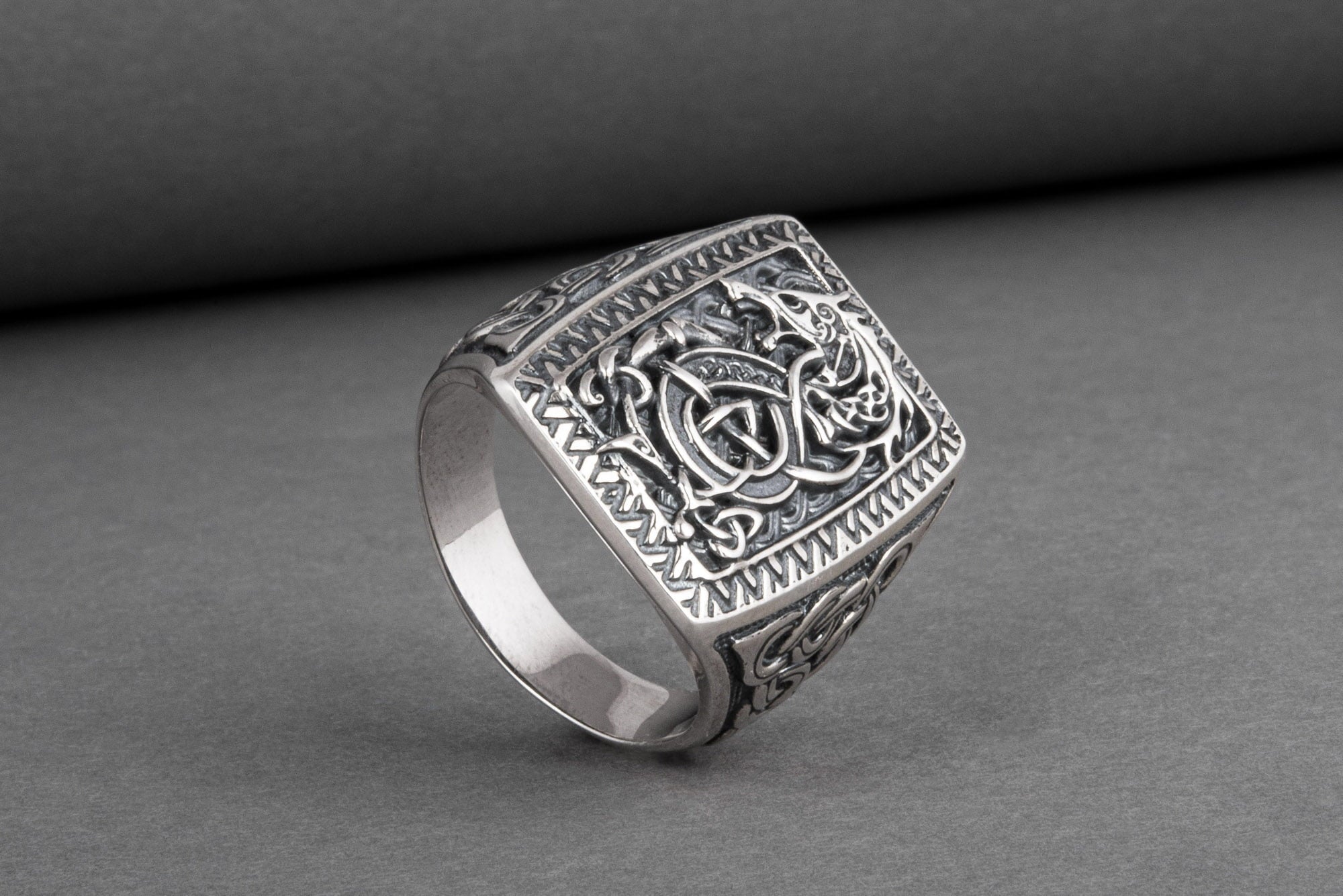 Unique Viking Ornament Ring with Fenrir, Mythological Norse wolf, made of Silver 925, Scandinavian Jewelry - vikingworkshop