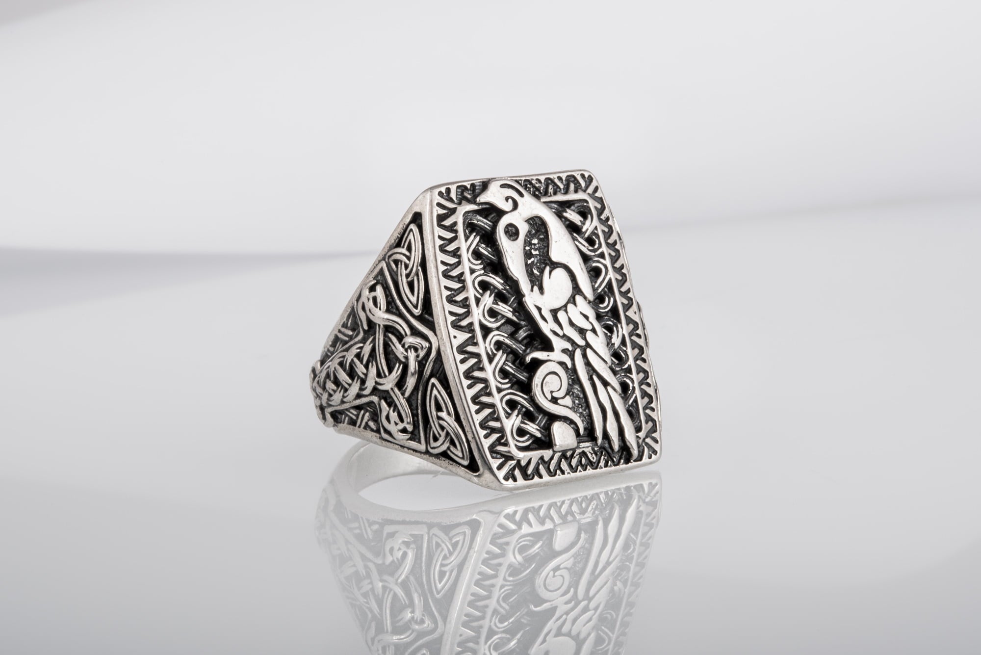 Unique Viking Ornament Ring with Odin's Ravens Huginn and Muninn, made of Sterling silver, Norse Jewelry - vikingworkshop