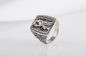 Unique Viking Ornament Ring with Odin's Ravens Huginn and Muninn, made of Sterling silver, Norse Jewelry - vikingworkshop