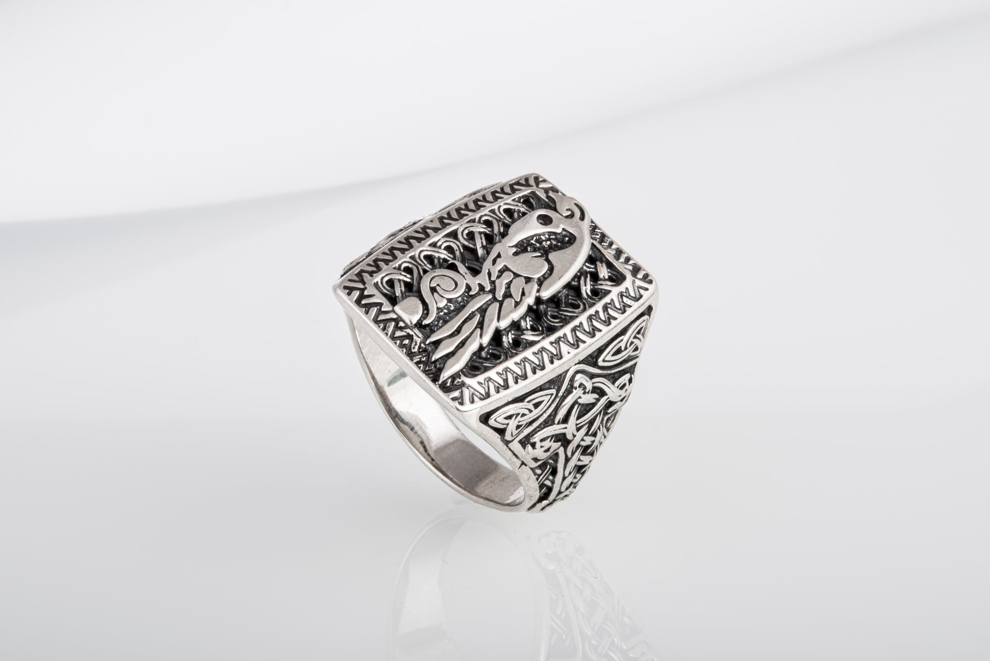 Unique Viking Ornament Ring with Odin's Ravens Huginn and Muninn, made of Sterling silver, Norse Jewelry - vikingworkshop