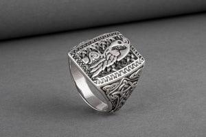 Unique Viking Ornament Ring with Odin's Ravens Huginn and Muninn, made of Sterling silver, Norse Jewelry - vikingworkshop