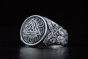 Valknut Symbol Ring with Viking Style Ornament Sterling Silver Jewelry - vikingworkshop