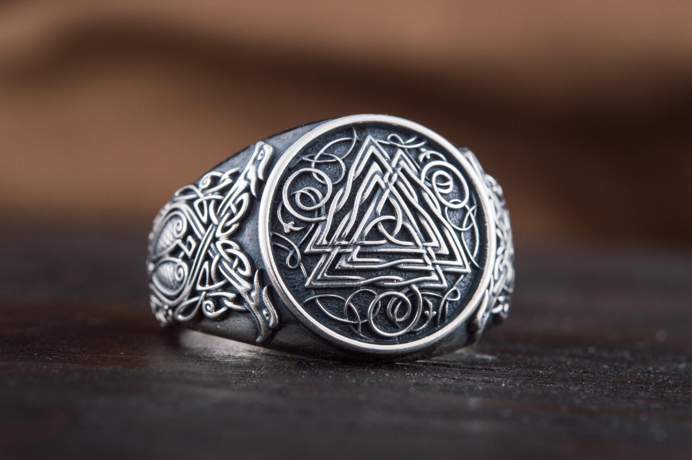 Valknut Symbol Ring with Viking Style Ornament Sterling Silver Jewelry - vikingworkshop