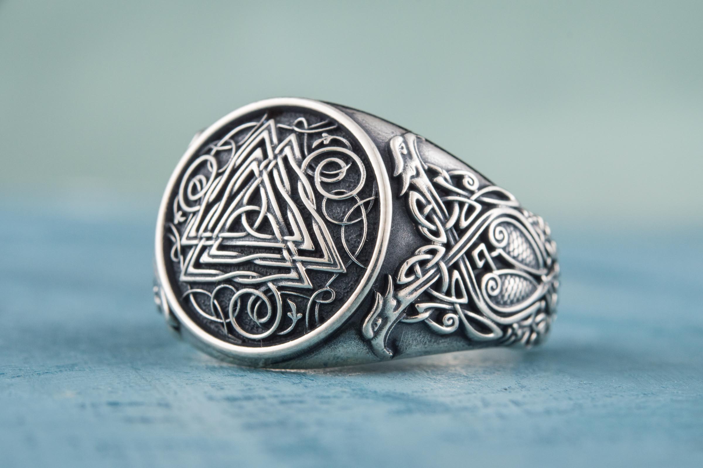 Valknut Symbol Ring with Viking Style Ornament Sterling Silver Jewelry - vikingworkshop