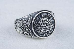 Valknut Symbol Ring with Viking Style Ornament Sterling Silver Jewelry - vikingworkshop